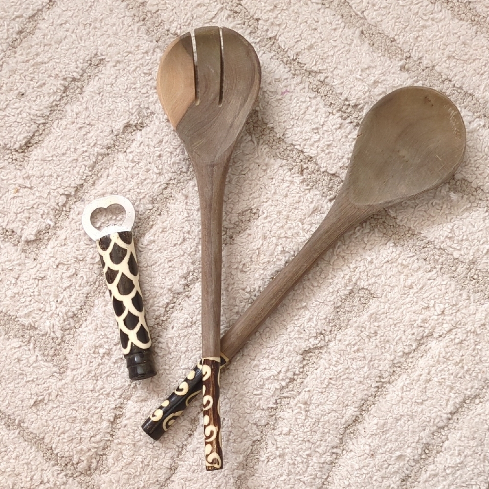 African Wooden Utensil Set w Decorative Handles - Salad Tongs And Bottle Opener